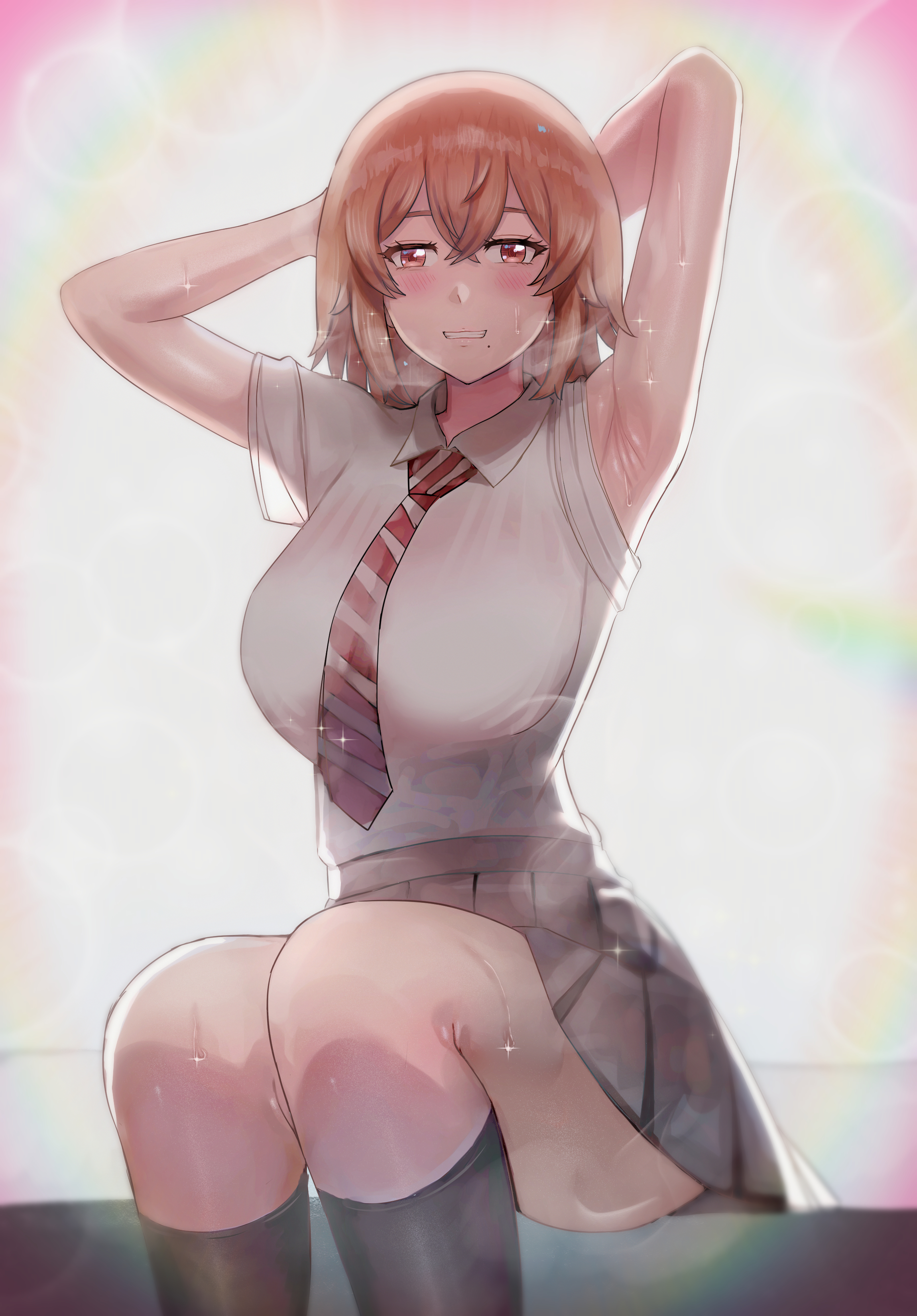 voidmakerz, tachibana hinata (tokyo revengers), tokyo revengers, absurdres,  commission, highres, 1girl, armpits, arms behind head, arms up,  backlighting, blush, breasts, breath, collared shirt, eyelashes, hair  between eyes, kneehighs, large breasts ...