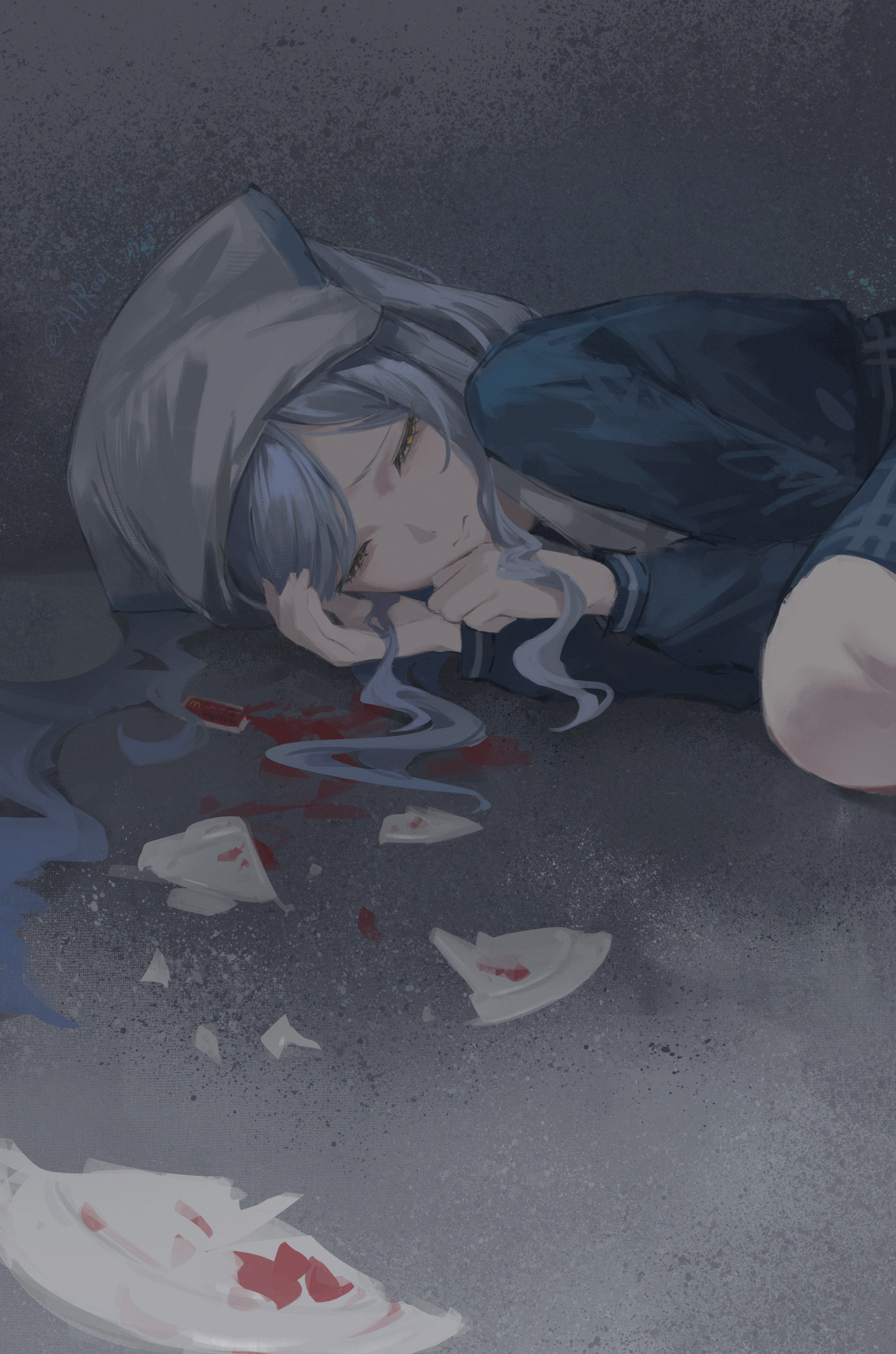 absurdres airool bang_dream! bang_dream!_it's_mygo!!!!! blue_hair blue_shirt blue_skirt broken_plate chinese_commentary clenched_hand closed_eyes closed_mouth commentary_request facing_viewer frown grey_headscarf hair_spread_out half-closed_eyes hand_on_own_face hands_up headscarf highres indoors ketchup knee_up long_sidelocks looking_to_the_side lying mcdonald's on_floor on_side parted_bangs plaid_clothes plaid_skirt plate school_uniform shirt sidelocks sideways_glance skirt togawa_sakiko tsukinomori_school_uniform upper_body yellow_eyes
