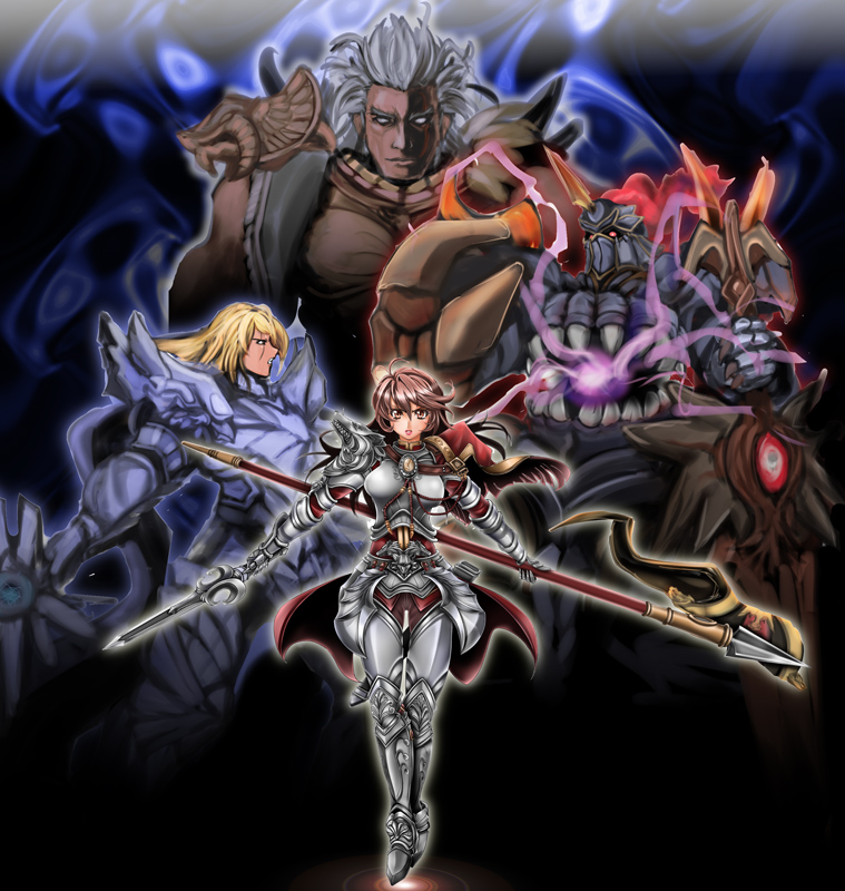 1041_(toshikazu) 1girl 3boys algol armor banner blonde_hair brown_eyes brown_hair grey_hair hildegard_von_krone knight long_hair looking_at_viewer multiple_boys namco nightmare_(soulcalibur) polearm siegfried_schtauffen soul_calibur soul_calibur_(weapon) soul_edge_(weapon) soulcalibur soulcalibur_iv spear standing sword weapon