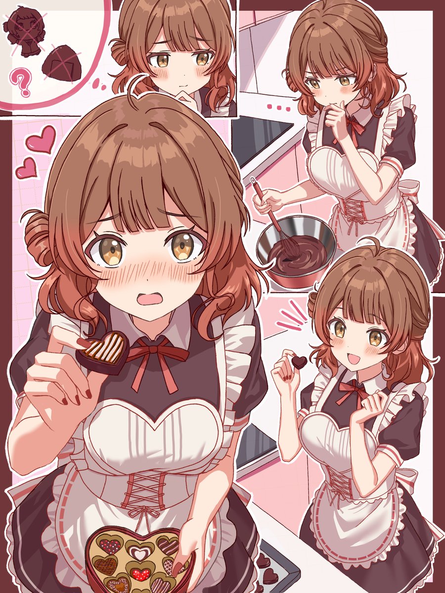 1girl :d ? ahoge apron black_dress blunt_bangs blush box brown_eyes brown_hair candy chocolate chocolate_heart clenched_hands commentary_request cookie cowboy_shot dress embarrassed food frilled_apron frills furrowed_brow gakuen_idolmaster hair_bun hair_intakes hanami_ume hands_up happy heart heart-shaped_food heart_print highres hiyoko_neneko holding holding_box holding_chocolate holding_food idolmaster incoming_food indoors kitchen looking_to_the_side medium_hair multiple_views nail_polish neck_ribbon nose_blush notice_lines open_mouth outside_border pink_background puffy_short_sleeves puffy_sleeves red_nails red_ribbon ribbon short_sleeves simple_background single_side_bun smile speech_bubble thinking thought_bubble valentine white_apron