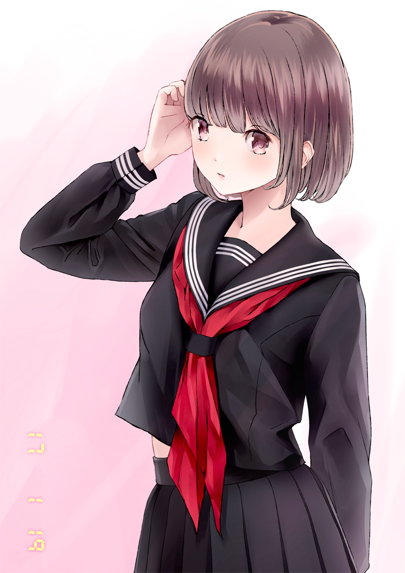 1girl 2017 arm_at_side bad_id bad_pixiv_id black_serafuku black_shirt black_skirt blouse blunt_bangs bob_cut breasts brown_eyes brown_hair chikuwa_(glossymmmk) chikuwa_(odennabe) closed_mouth dated female_focus hand_up long_sleeves looking_at_viewer midriff_peek neckerchief original pink_background pleated_skirt red_neckerchief school_uniform serafuku shirt short_hair skirt small_breasts solo striped tucking_hair upper_body