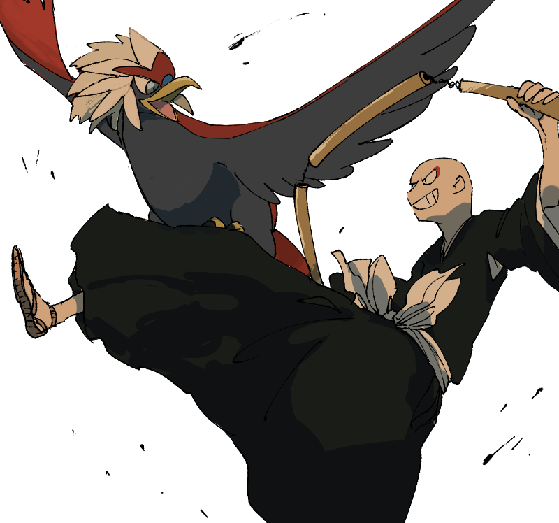 1boy bald beak bird bird_tail black_hakama black_shirt bleach braviary crossover eagle feathered_wings flying gen_5_pokemon hakama holding holding_weapon houzukimaru_(shikai) japanese_clothes leg_up looking_at_another madarame_ikkaku male_focus mashita._(mentaiko_omoti) nintendo obi open_mouth pokemon pokemon_(creature) sash shihakusho shinigami shirt smile spread_wings tail waraji weapon white_background white_sash wide_sleeves wings zanpakutou