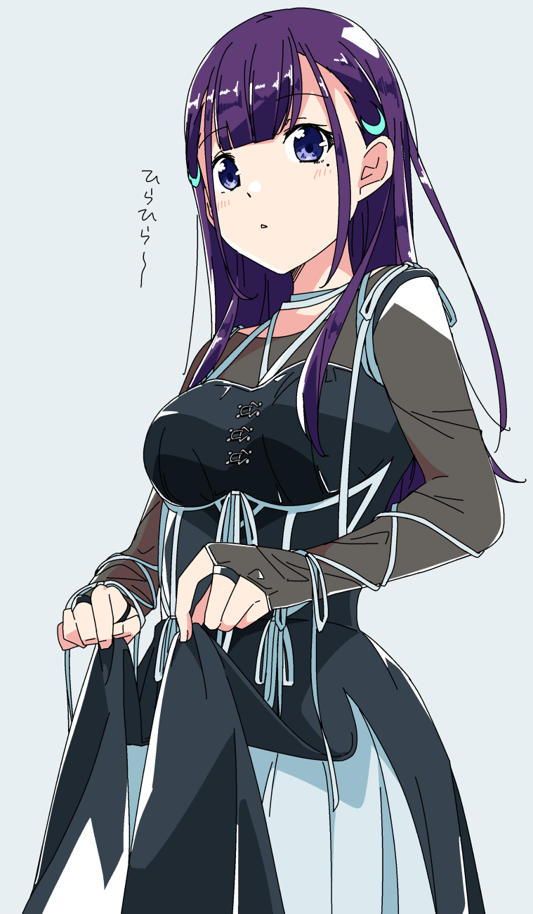1girl 22/7 ato_de_wakaru_koto cowboy_shot dress fanged_bangs highres ichinose_hotaru long_hair long_sleeves looking_at_viewer mole mole_under_eye multicolored_dress parted_lips purple_eyes purple_hair see-through_clothes see-through_dress simple_background skirt_hold solo trefle_r white_background