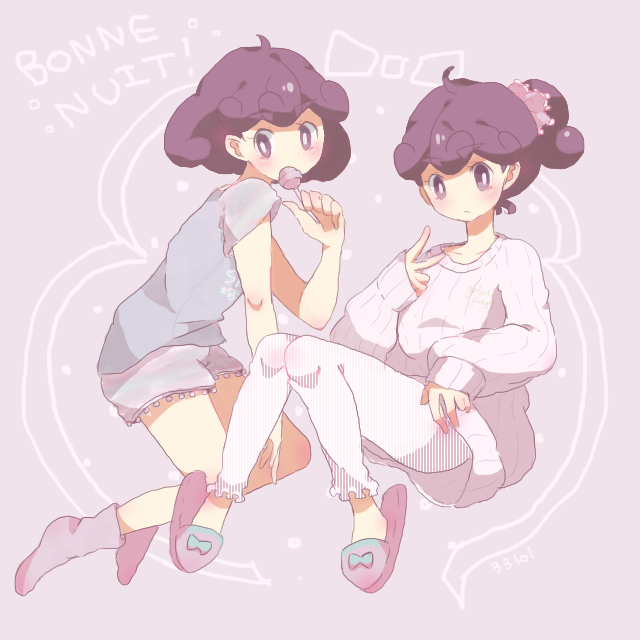 1girl 33lol alternate_costume alternate_hairstyle blouse blue_shirt burgundy_(pokemon) candy clone curly_hair dual_persona food french_text grey_background lollipop long_sleeves looking_to_the_side multiple_views nintendo pajamas pokemon pokemon_(anime) pokemon_bw_(anime) ponytail purple_background purple_eyes purple_hair purple_shirt purple_sweater shirt short_shorts short_sleeves shorts simple_background slippers socks sweater