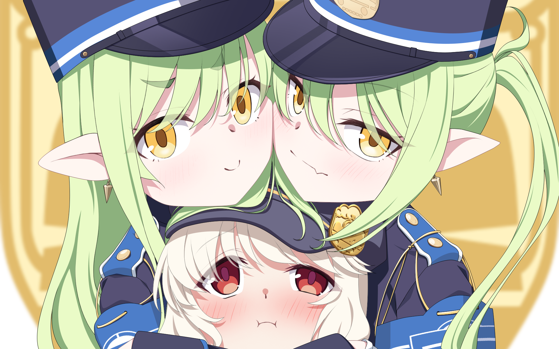 3girls aoba_(blue_archive) armband black_hat black_jacket blonde_hair blue_archive blue_armband blush cabbie_hat closed_mouth commentary_request earrings fang green_hair group_hug hair_between_eyes hat highres hikari_(blue_archive) hug jacket jewelry kkkk_(k4) long_hair long_sleeves looking_at_viewer multiple_girls nozomi_(blue_archive) peaked_cap pointy_ears pout red_eyes siblings sidelocks sisters skin_fang smile twins twintails upper_body yellow_eyes