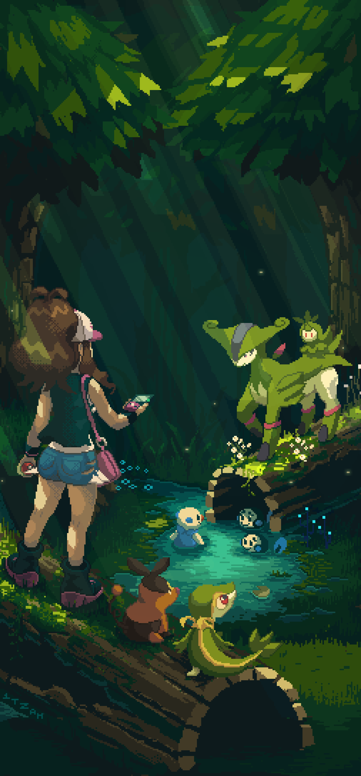 1girl absurdres bag black_footwear black_shirt boots brown_hair cellphone denim denim_shorts facing_away flower forest gen_5_pokemon grass hand_up handbag hat high_ponytail highres hilda_(pokemon) holding holding_phone holding_poke_ball itzah legendary_pokemon light_rays log long_hair moss nature nintendo oshawott outdoors petilil phone pink_bag pink_flower pixel_art plant poke_ball poke_ball_(basic) pokemon pokemon_(creature) pokemon_bw ponytail scenery shirt short_shorts shorts sleeveless sleeveless_shirt snivy standing tepig tree tympole virizion water white_flower white_headwear yellow_flower