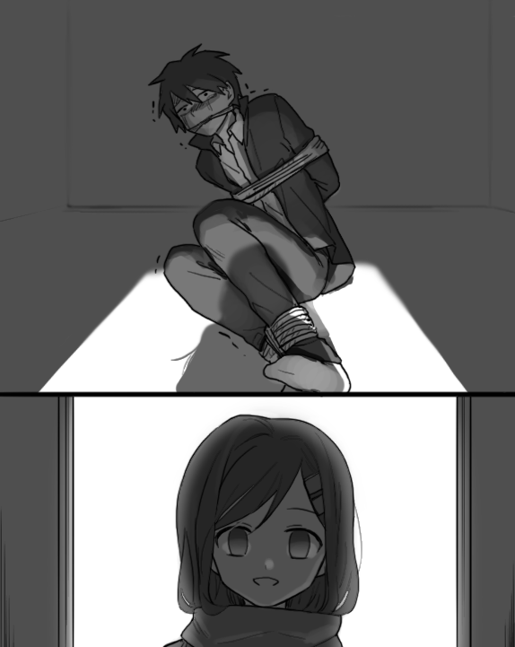 1boy 1girl bad_id bad_pixiv_id bound creepy empty_eyes enpera femdom greyscale hair_ornament hairclip horror_(theme) kagerou_project kangmoro kisaragi_shintarou long_hair monochrome out_of_character portrait scared scarf school_uniform serafuku short_hair tateyama_ayano tears tied_up_(nonsexual) trembling yandere you_gonna_get_raped