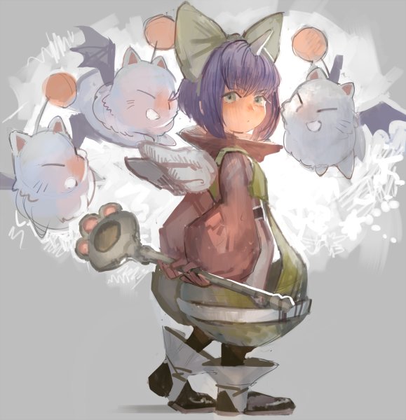 1girl blue_hair bodysuit bow closed_mouth eiko_carol final_fantasy final_fantasy_ix gloves green_eyes hair_bow horns looking_at_viewer moogle sasumata_jirou short_hair simple_background single_horn smile square_enix staff weapon wings yellow_bow