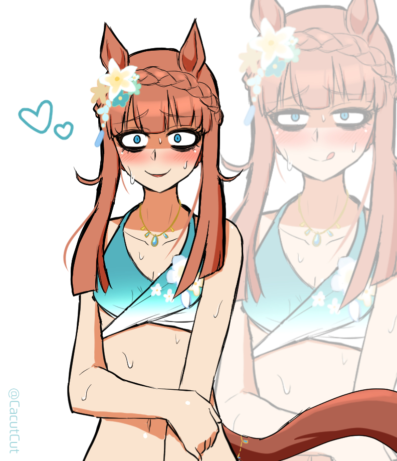 1girl animal_ears aqua_bikini bikini cube_(huidama) ear_flower flower green_sarong horse_ears horse_girl horse_tail kouno_marika&#039;s_silence_suzuka_drawing_(meme) long_hair meme navel orange_hair sarong silence_suzuka_(emerald_on_the_waves)_(umamusume) silence_suzuka_(umamusume) swimsuit tail umamusume