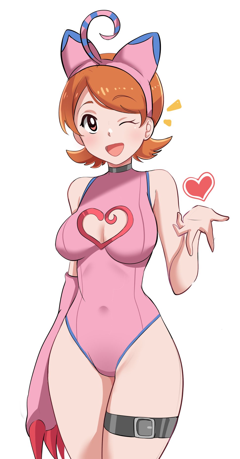 1girl animal_ears bare_shoulders claws cosplay digimon digimon_adventure fake_animal_ears female_focus highres leotard light_blush medium_hair one_eye_closed open_mouth orange_hair pabsmikan pink_leotard piyomon piyomon_(cosplay) simple_background takenouchi_sora thigh_strap tongue white_background wink