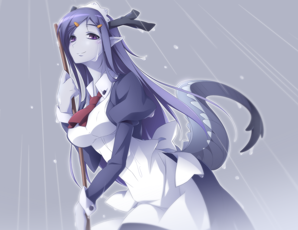 1girl akinoko blue_hair blue_skin breasts colored_skin dragon dragon_girl dragon_horns dragon_tail eastern_dragon female_focus four_holy_beasts futaba_channel hair_ornament hairclip horns impossible_apron large_breasts long_hair maid maid_headdress monster_girl nijiura_maids pointy_ears puffy_sleeves purple_eyes purple_hair rain seiryuu_(nijiura_maids) smile solo tail