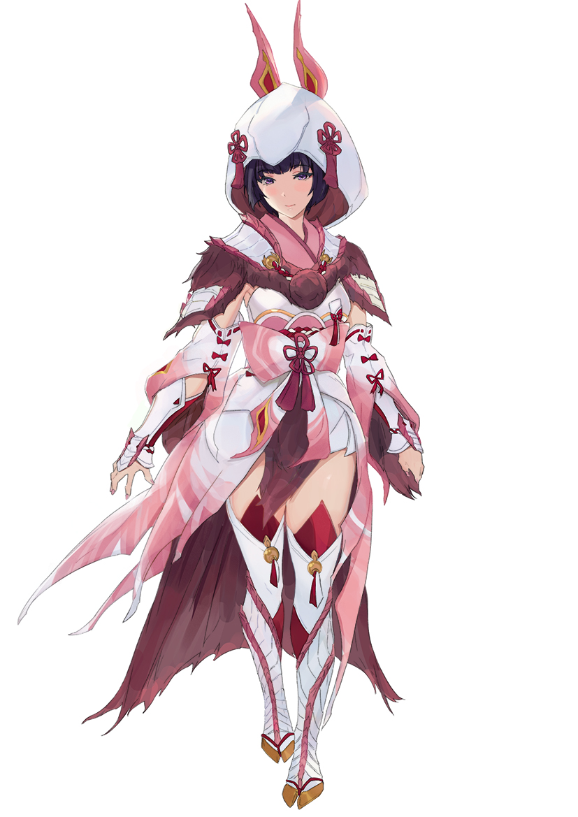0.7_(aysatnegr) 1girl black_hair blush breasts detached_sleeves full_body japanese_clothes kimono looking_at_viewer mizutsune_(armor) monster_hunter_(character) monster_hunter_(series) monster_hunter_x shiromuku short_hair small_breasts solo thighhighs uchikake