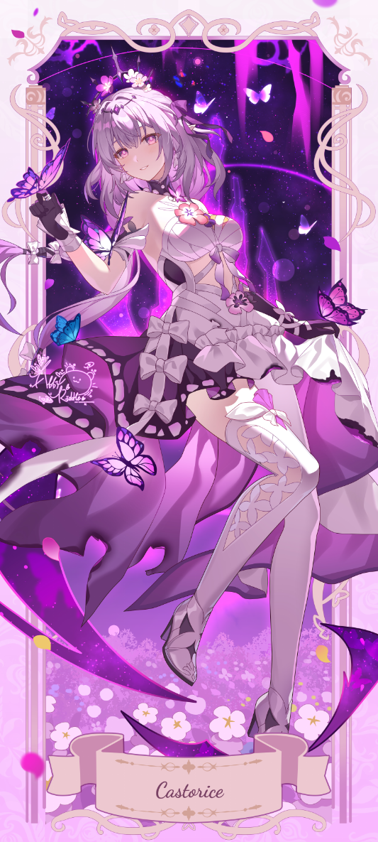 1girl abby_riddle bare_shoulders black_tiara border breasts bug butterfly butterfly_on_hand castorice_(honkai:_star_rail) character_name chinese_commentary commentary_request dress flower hair_flower hair_ornament high_heels honkai:_star_rail honkai_(series) insect long_hair medium_breasts pantyhose purple_eyes purple_hair purple_sky single_leg_pantyhose single_thighhigh sky solo thighhighs tiara white_border white_dress white_pantyhose white_thighhighs