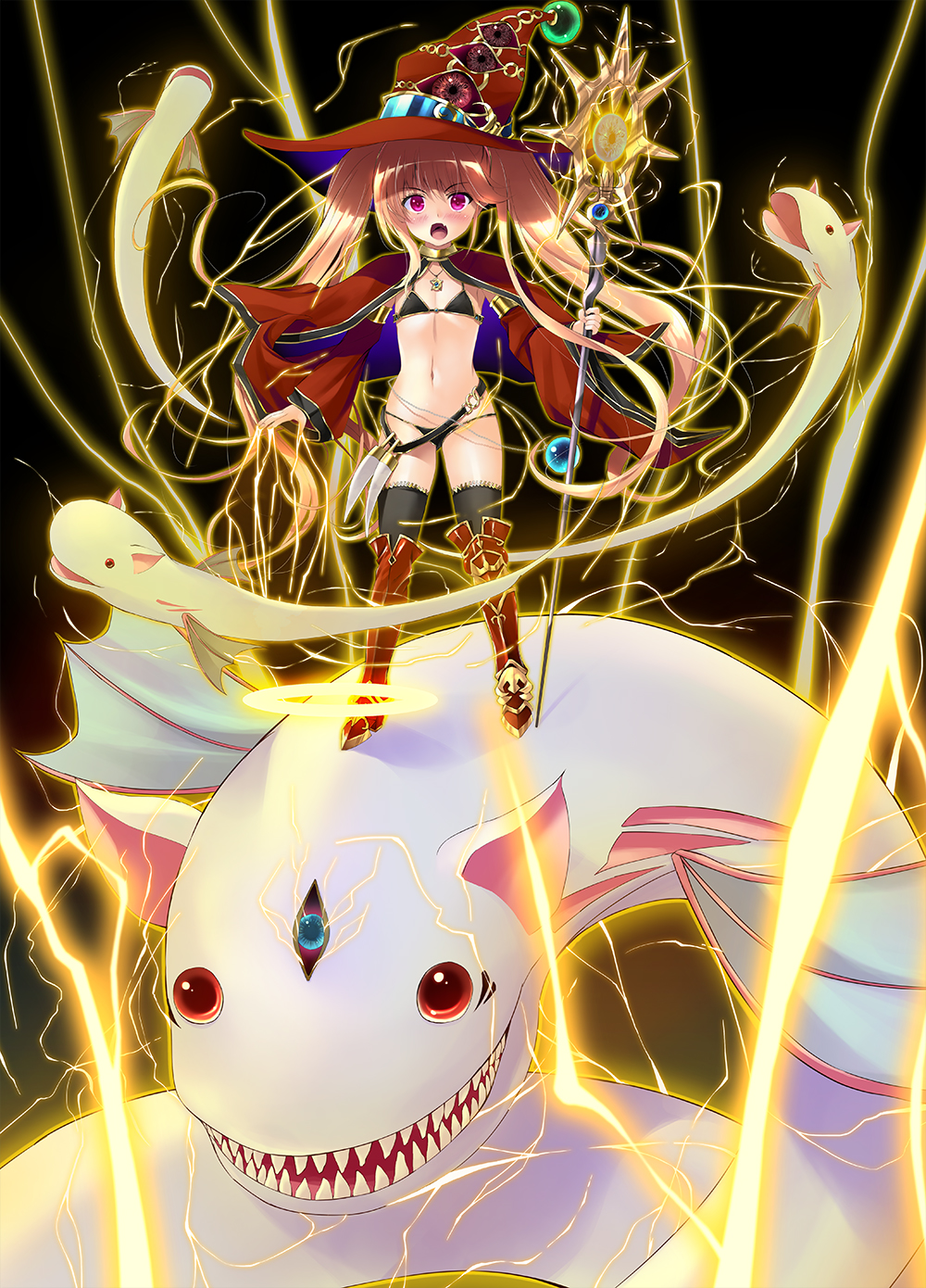 bikini black_bikini blonde_hair breasts cloak familiar hat highres iris_mysteria! ladis_(iris_mysteria!) lightning long_hair navel purple_eyes red_cloak red_hat shin_guards shizuku_(artist) small_breasts staff swimsuit thighhighs thighs twintails witch_hat