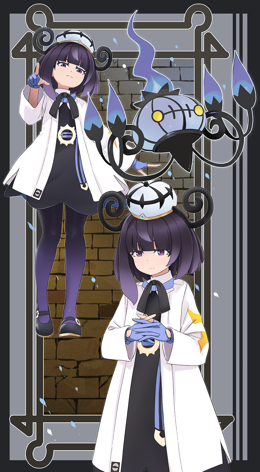 1girl abe_kanari belt belt_buckle black_dress blue_belt blue_gloves buckle chandelure coat dress gen_5_pokemon gloves gwynn_(pokemon) hat highres interlocked_fingers nintendo open_clothes open_coat partially_fingerless_gloves pokemon pokemon_legends:_z-a purple_eyes purple_hair short_hair white_coat