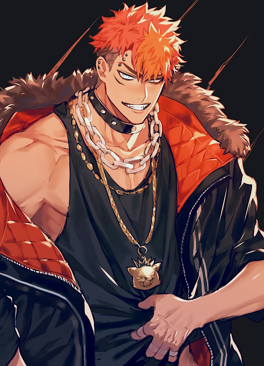 1boy 5_(femfamme) alchemy_stars black_background black_jacket black_tank_top chain chain_necklace character_request check_character collar collarbone dermal_piercing down_jacket ear_piercing eye_contact eyebrow_piercing facial_scar fur-trimmed_jacket fur_trim grabbing holding holding_shirt holding_unworn_clothes jacket jewelry looking_at_another looking_at_viewer male_focus midriff_peek muscular muscular_male necklace pectorals piercing quilted_lining red_hair red_lining scar scar_on_cheek scar_on_face shirt short_hair sidepec simple_background single_bare_shoulder sinsa_(alchemy_stars) sleeveless sleeveless_shirt sleeves_pushed_up smirk solo tank_top taped_fingers undercut unworn_shirt very_short_hair