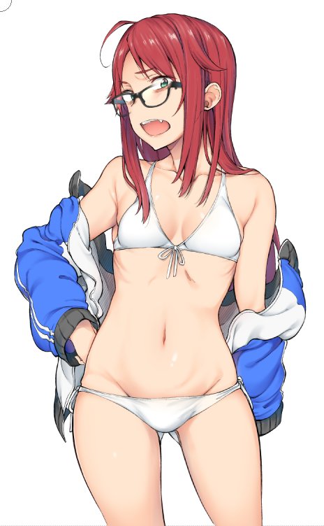 1girl ahoge bare_shoulders bikini breasts check_copyright copyright_request glasses gluteal_fold green_eyes jacket long_hair looking_at_viewer navel off_shoulder open_clothes open_jacket open_mouth original red_hair small_breasts solo spirytus_tarou swimsuit teeth white_bikini