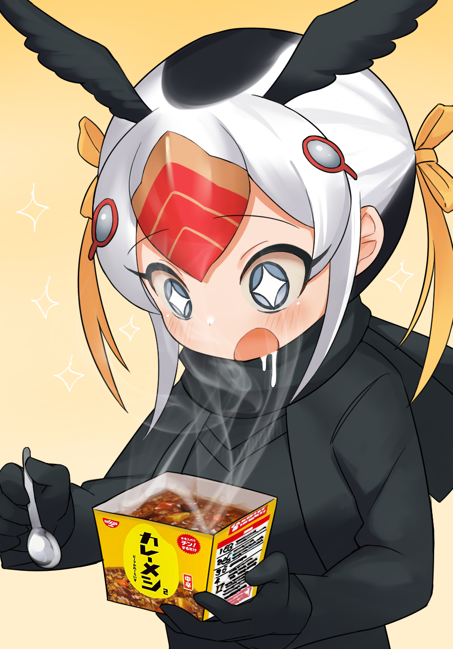 +_+ 1girl :o black_gloves black_hair black_scarf choir_(artist) curry drooling female_focus food gloves hair_between_eyes head_wings highres holding holding_spoon kemono_friends long_sleeves multicolored_hair nissin product_placement red_hair scarf short_hair simple_background solo sparkle spoon steam tufted_puffin_(kemono_friends) upper_body white_hair wings yellow_background