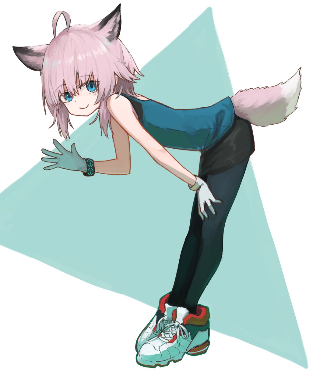 1girl ahoge animal_ear_fluff animal_ears arknights bare_shoulders bent_over black_pantyhose black_skirt blue_background blue_eyes blue_tank_top closed_mouth commentary_request fox_ears fox_girl fox_tail from_side gloves hair_between_eyes highres izumo_(ton_63) looking_at_viewer looking_to_the_side pantyhose pink_hair shoes skirt smile solo sussurro_(arknights) tail tank_top two-tone_background white_background white_gloves white_shoes