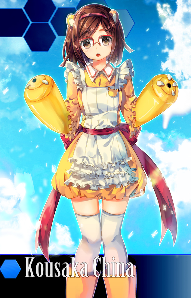 1girl apron beargguy_iii beargguy_iii_(cosplay) bow brown_eyes brown_hair character_name cloud cloudy_sky cosplay day dress female_focus glasses gundam gundam_build_fighters hairband kousaka_china looking_at_viewer open_mouth over-rim_eyewear red-framed_eyewear semi-rimless_eyewear short_hair sky solo tachiuo_(arines) thighhighs white_thighhighs