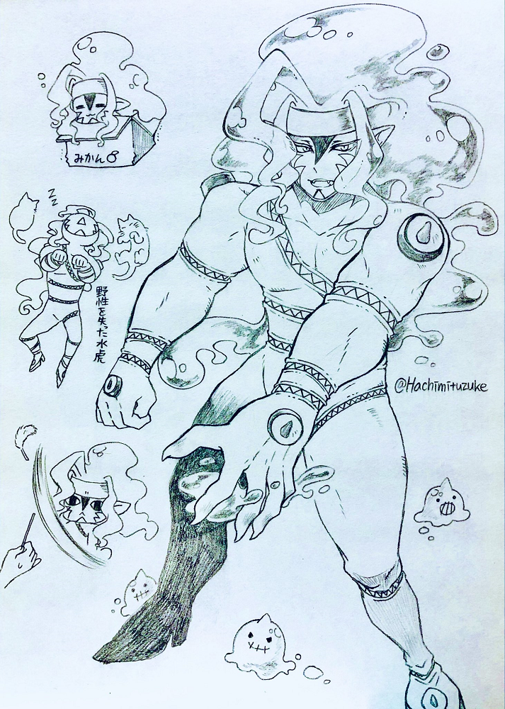 1boy box digimon digimon_(creature) drippin_(digimon) horns male_focus smile solo splashmon water