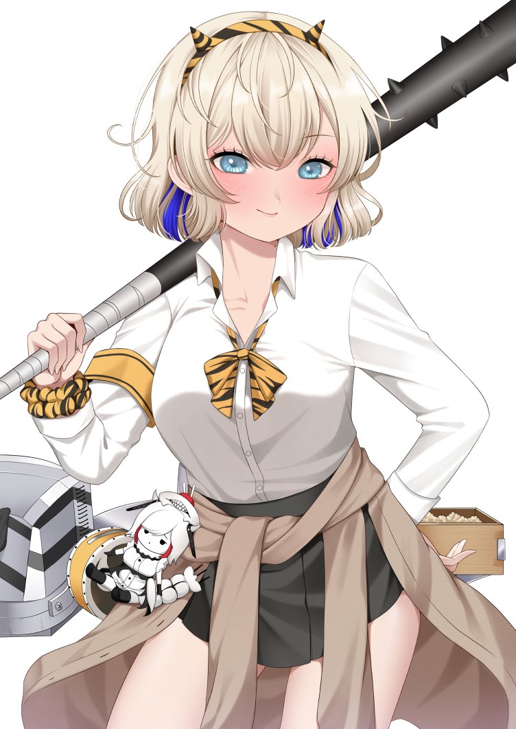 1girl animal_print armband beans black_skirt blonde_hair blue_eyes blue_hair bow breasts clothes_around_waist club club_(weapon) fake_horns gloire_(kancolle) gloire_kai_(kancolle) gloire_kai_(setsubun)_(kancolle) holding holding_club holding_weapon horns kanabou kantai_collection looking_at_viewer multicolored_hair scrunchie setsubun shirt short_hair skirt smile solo spiked_club stuffed_toy tiger_print weapon white_shirt yellow_armband yellow_scrunchie yomogi_dango