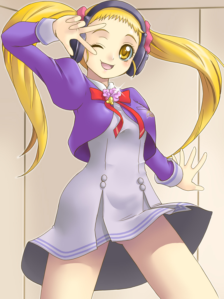 00s 1girl blonde_hair bow brooch dress eyelashes female_focus flower_brooch headphones jewelry kasugano_urara_(yes!_precure_5) long_hair one_eye_closed precure purple_skirt ribbon school_uniform skirt smile solo twintails v wink yaso_shigeru yellow_eyes yes!_precure_5
