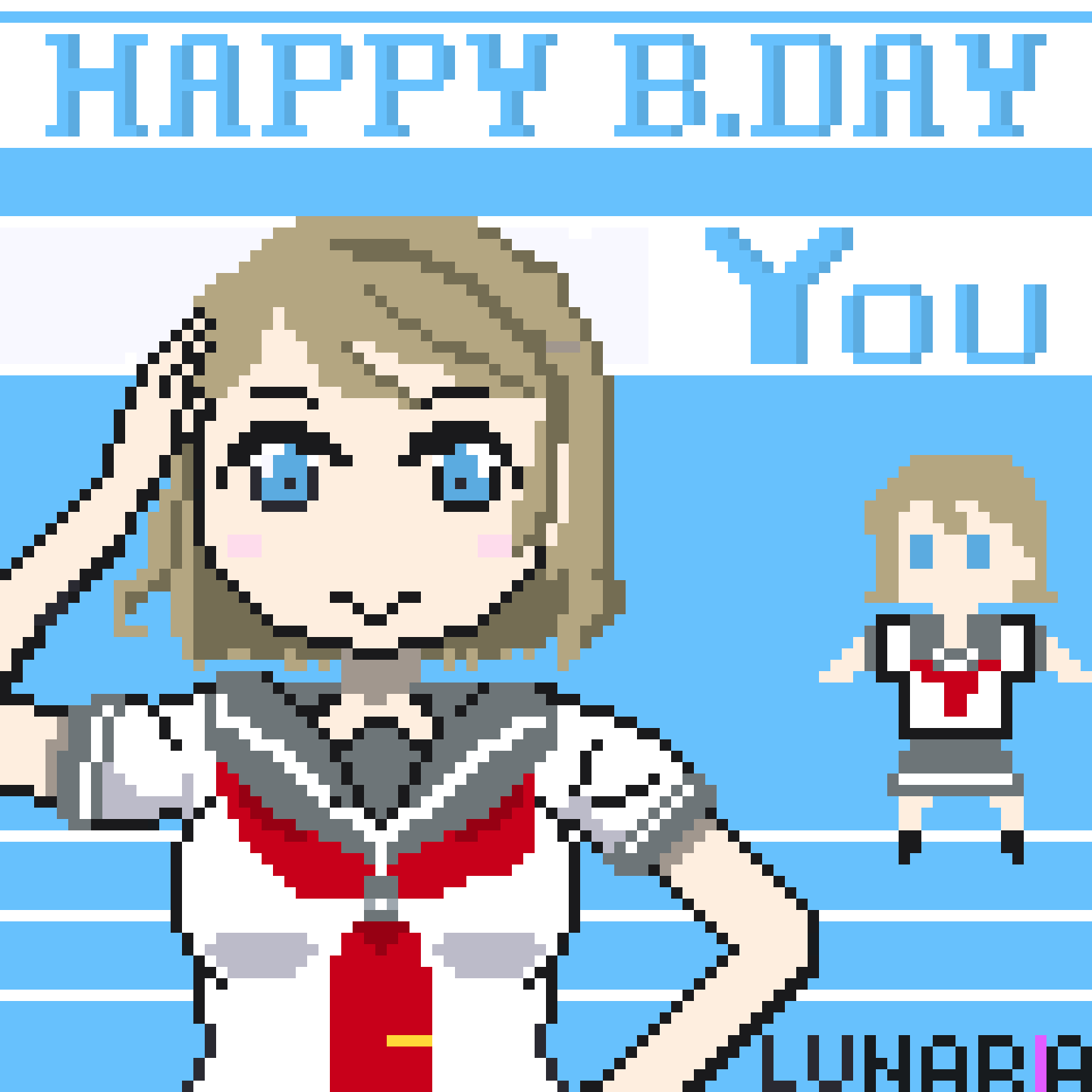1girl 8-bit aqua_eyes artist_name artist_request bare_legs black_legwear blue_eyes blush breasts brown_hair brown_shoes collarbone collared_shirt female_focus full_body grey_hair grey_sailor_collar grey_skirt hair_between_eyes highres light_brown_hair looking_at_viewer love_live! love_live!_sunshine!! miniskirt neckerchief necktie plaid_clothes plaid_skirt pleated pleated_skirt red_neckwear sailor_collar salute school_uniform shirt shoes short_hair short_sleeves skirt small_breasts smile solo tie_clip upper_body uranohoshi_school_uniform watanabe_you white_shirt