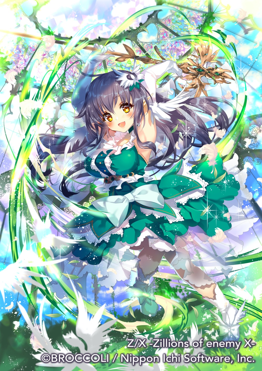1girl ahoge armpits arms_up black_hair breasts copyright_notice copyright_request dress elbow_gloves feathers gloves green_dress hair_ornament highres holding holding_staff large_breasts long_hair magical_girl matoki_misa official_art open_mouth pecteilis shoes solo sparkle staff white_feathers white_gloves white_shoes yellow_eyes z/x