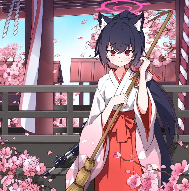 1girl animal_ear_fluff animal_ears black_hair blue_archive broom cat_ears cherry_blossoms hakama hakama_skirt halo holding holding_broom japanese_clothes kimono long_hair looking_at_viewer miko official_alternate_costume official_alternate_hairstyle petal_print pink_halo ponytail red_eyes red_hakama serika_(blue_archive) serika_(new_year)_(blue_archive) skirt smile very_long_hair white_kimono wide_sleeves xianyu_(pixiv9677779)