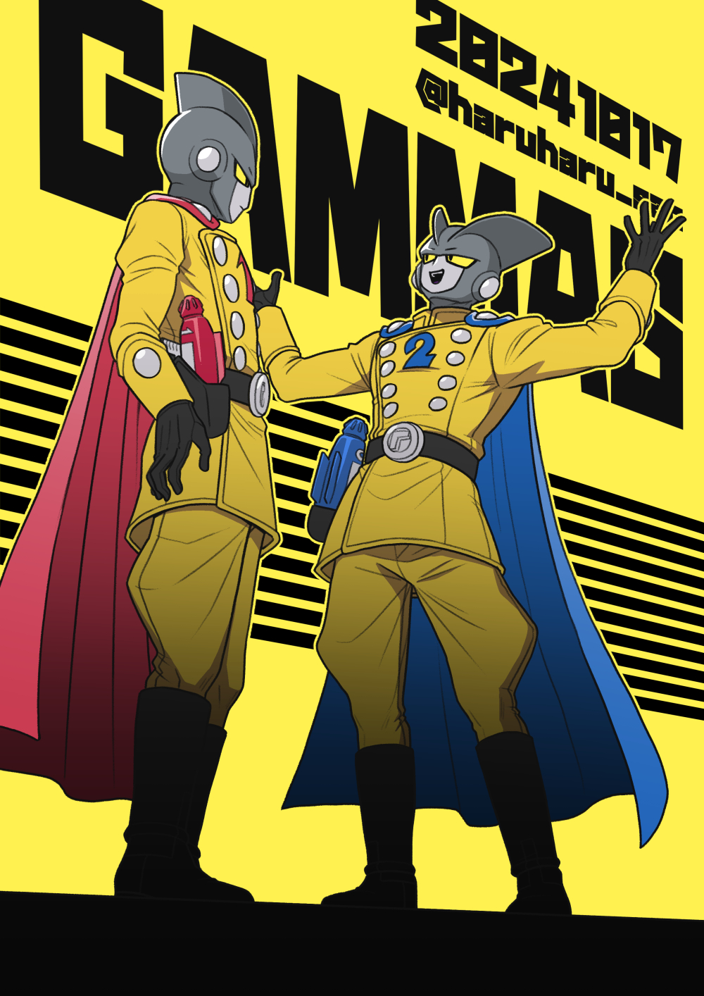 2024 2boys android black_eyes black_footwear black_gloves blue_cape boots buttons cape colored_sclera colored_skin commentary_request dated double-breasted dragon_ball dragon_ball_super dragon_ball_super_super_hero from_below gamma_1 gamma_2 gloves grey_skin gun highres k-haruka male_focus multiple_boys open_mouth red_cape shark_fin twitter_username weapon yellow_sclera