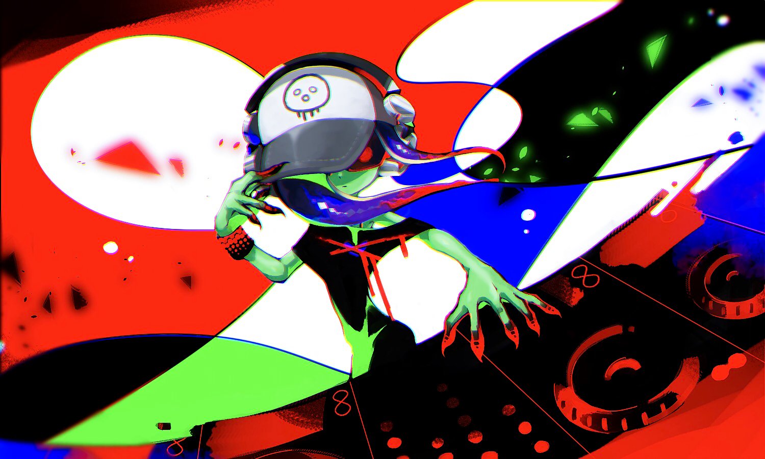 1girl abstract_background aramaki_spla baseball_cap black_dress blue_hair bracelet chromatic_aberration closed_mouth colored_extremities colored_skin commentary dedf1sh dj dress expressionless fingernails floating_hair glasses gradient_hair green_skin hand_up hat headphones headphones_over_headwear jewelry long_hair multicolored_hair nintendo octoling phonograph red_hair sanitized_(splatoon) sharp_fingernails solo splatoon_(series) splatoon_2 splatoon_2:_octo_expansion tentacle_hair turntable two-tone_hair