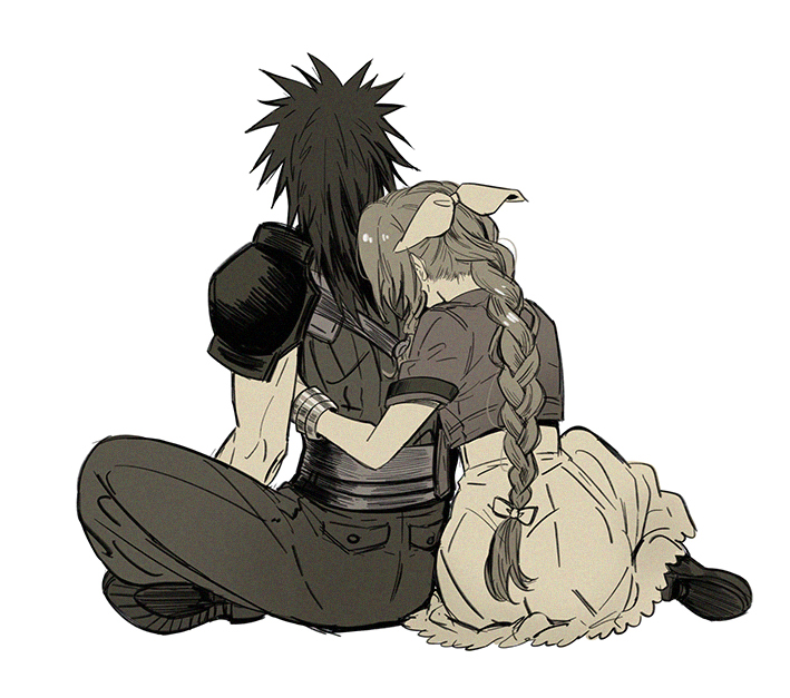1boy 1girl aerith_gainsborough armor baggy_pants bangle boots bracelet braid braided_ponytail couple dress final_fantasy final_fantasy_vii final_fantasy_vii_rebirth final_fantasy_vii_remake from_behind full_body greyscale hair_ribbon head_on_another&#039;s_back hug hug_from_behind huosheanng indian_style jacket jewelry long_dress long_hair monochrome pants ribbed_sweater ribbon short_sleeves shoulder_armor sitting sleeveless sleeveless_turtleneck spiked_hair sweater turtleneck turtleneck_sweater white_background zack_fair