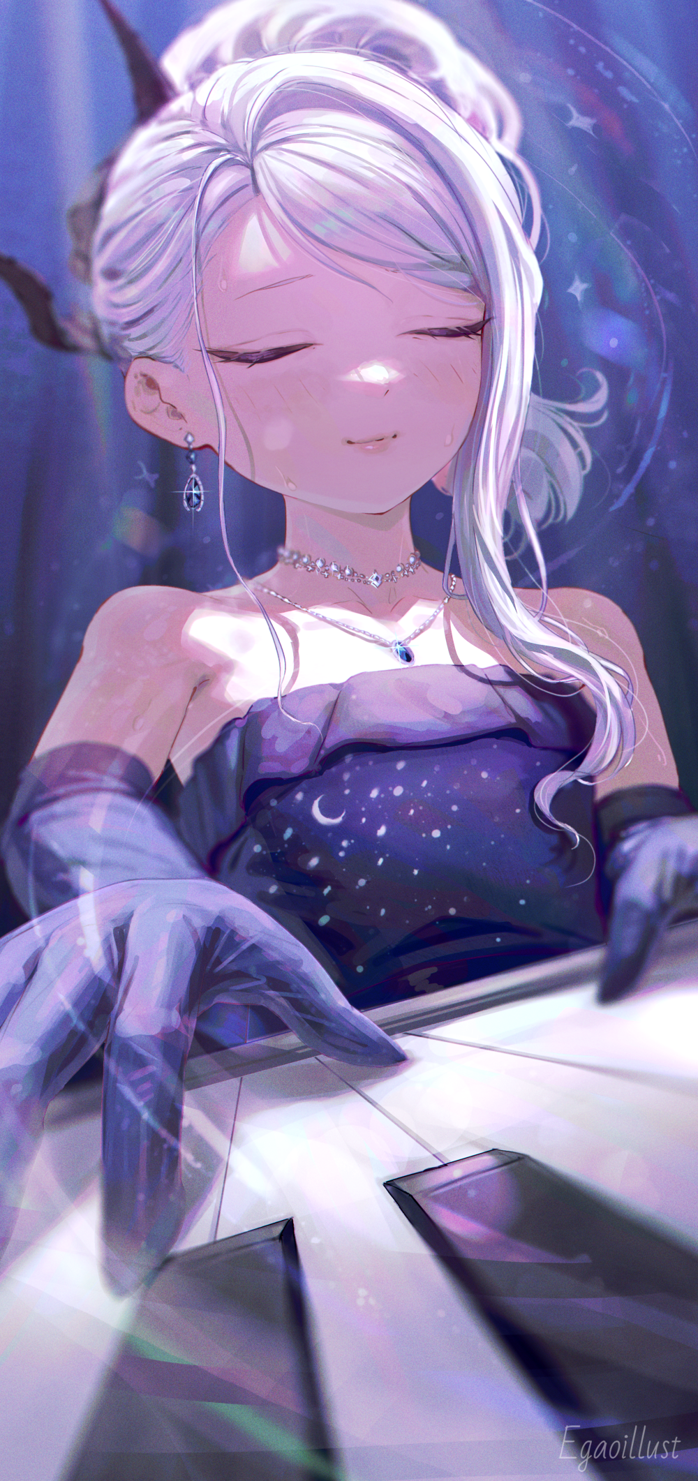 1girl artist_name bare_shoulders black_horns blue_archive blush closed_eyes closed_mouth demon_horns dress earrings elbow_gloves evening_gown facing_viewer gloves hair_bun halo highres hina_(blue_archive) hina_(dress)_(blue_archive) horns instrument jewelry long_hair multiple_horns necklace official_alternate_costume official_alternate_hairstyle piano purple_dress purple_gloves samlooop smile solo strapless strapless_dress upper_body