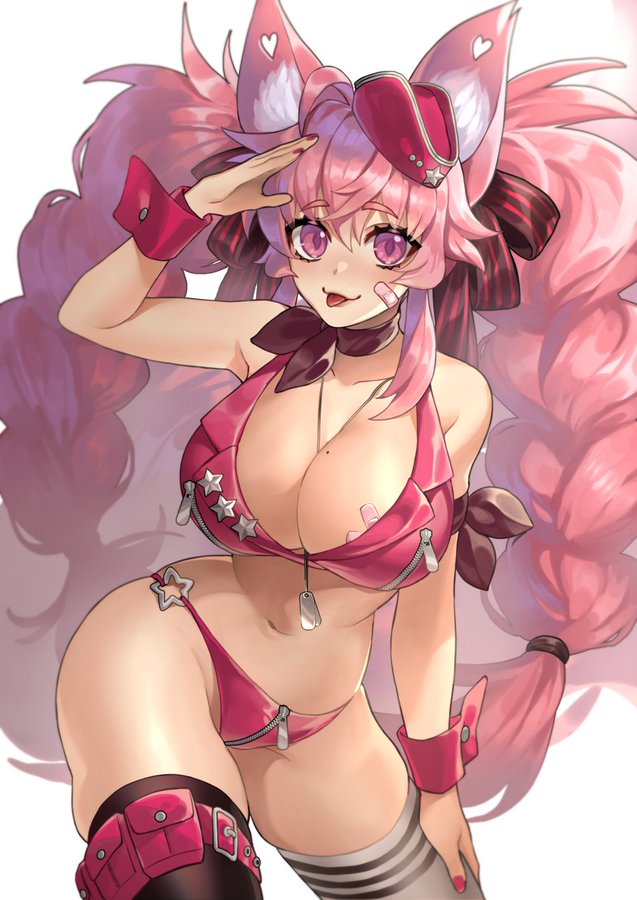 1girl asymmetrical_legwear bandaid bandaid_on_face black_legwear borrowed_character breasts commission dog_tags eyebrows eyebrows_hidden_by_hair fox_girl indie_virtual_youtuber kireina_(osiimi) large_breasts mismatched_legwear nail_polish pink_eyes pink_hair pink_shorts revealing_clothes sailor salute second-party_source short_shorts shorts star_ring striped_clothes striped_legwear striped_thighhighs thighhighs twintails ultracat virtual_youtuber wrist_cuffs zipper zipper_pull_tab