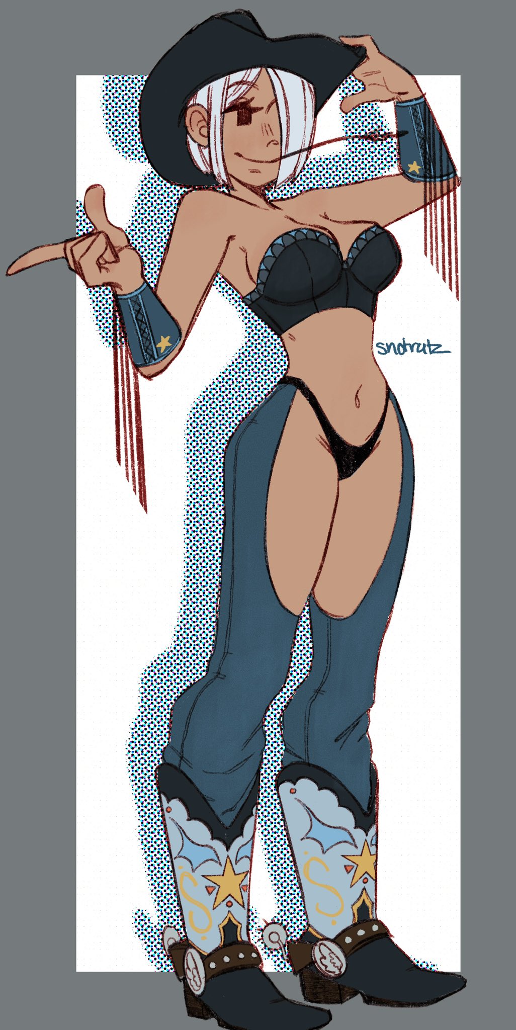1girl angel_(kof) boots breasts cleavage cowboy cowboy_boots cowboy_clothes cowboy_hat cowboy_western cowgirl_outfit curvy female_focus hat large_breasts leather medium_breasts panties short_hair snotratz standing star_(symbol) the_king_of_fighters underwear western white_hair wings