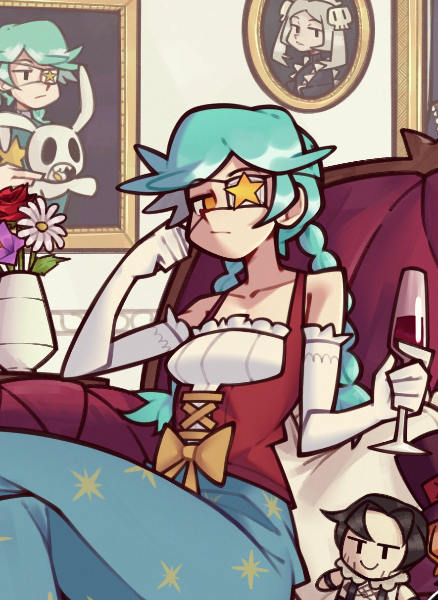 1girl alcohol alternate_costume annie_(skullgirls) beowulf_(skullgirls) bloody_marie_(skullgirls) bodice braid chair collarbone crossed_legs cup dress drinking_glass elbow_gloves eyepatch flower fujimna gloves green_hair hand_on_own_cheek hand_on_own_face indoors long_hair looking_at_viewer picture_frame pinafore_dress portrait_(object) sagan_(skullgirls) sitting sleeveless_dress solo stuffed_toy twin_braids vase wine wine_glass yellow_eyes