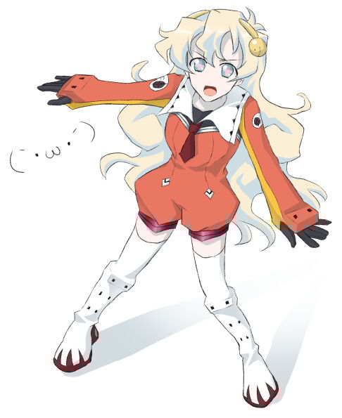 1girl boots cosplay crossover destroyersagiri emoticon female_focus fukui_yukari nia_teppelin nono_(cosplay) nono_(top_wo_nerae_2!) romper shoes solo tengen_toppa_gurren_lagann thigh_boots thighhighs thumb_hole top_wo_nerae!_(series) top_wo_nerae_2! voice_actor_connection white_footwear