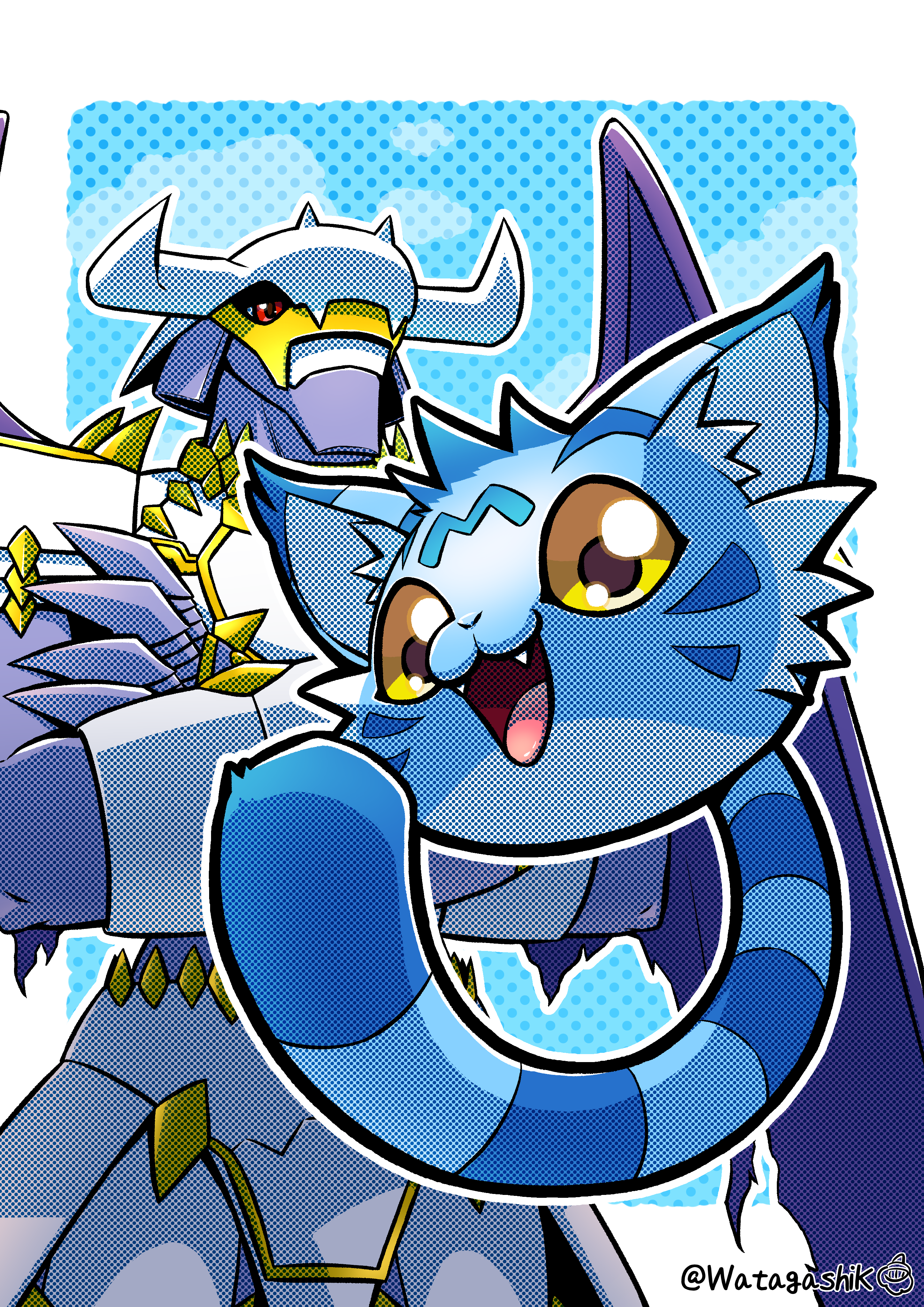 absurdres armor blue_background blue_fur body_fur crossed_arms digimon digimon_(creature) dynasmon halftone highres hiragana_digimon_royal_knights_monogatari red_eyes simple_background twitter_username wanyamon watagashikn white_armor yellow_eyes
