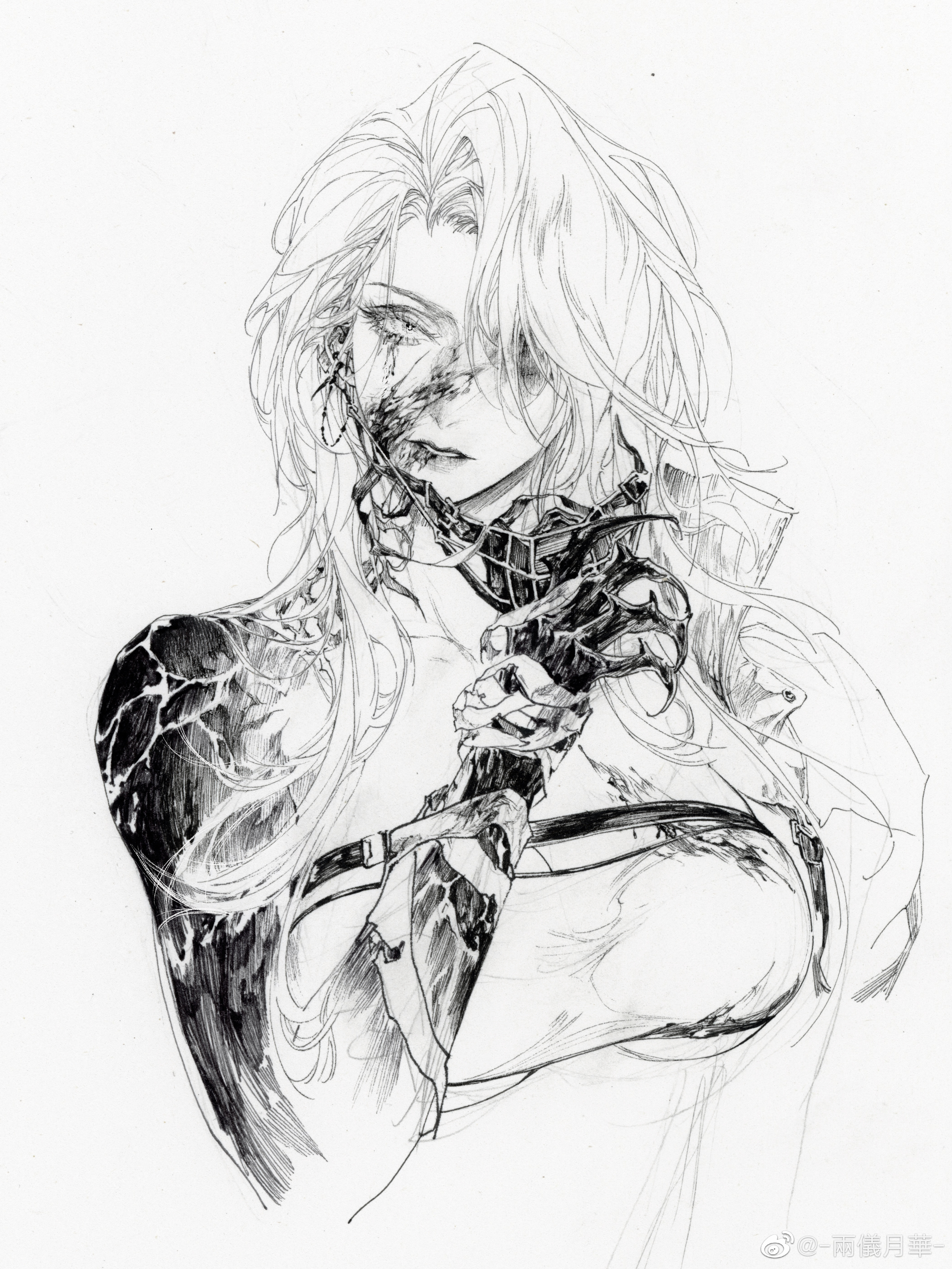 1girl absurdres bandaged_arm bandages blood blood_from_mouth blood_on_face body_horror bra breasts burn_scar chest_belt cropped_torso expressionless eyelashes hair_over_one_eye highres holding injury large_breasts liangyi_yuehua lipstick long_hair makeup nib_pen_(medium) original parted_lips pen_(medium) scar scar_across_eye scar_on_face solo strapless strapless_bra traditional_media underwear watermark weibo_watermark