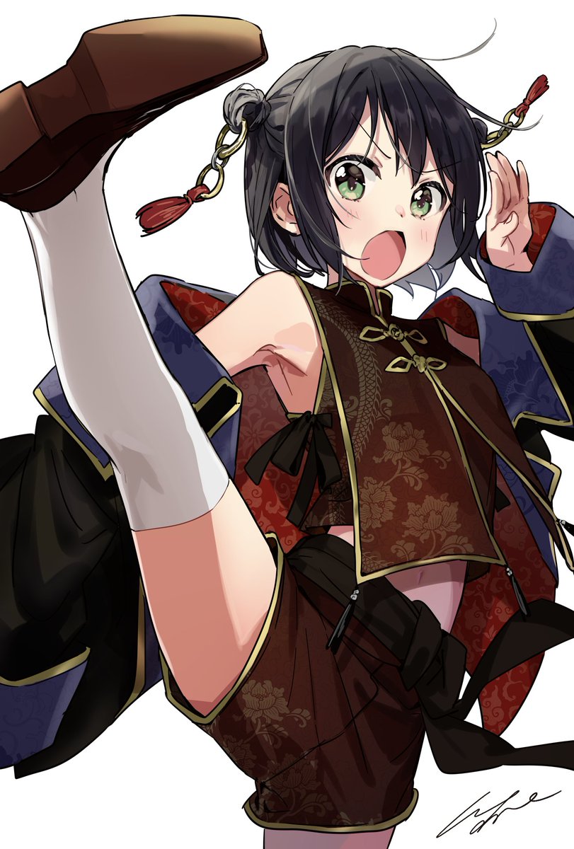 1girl aoi_saki_(senpai_wa_otokonoko) armpits black_hair blush brown_footwear china_dress chinese_clothes commentary_request dress highres kicking navel open_mouth pomu_(joynet) senpai_wa_otokonoko short_hair signature simple_background socks solo whip white_socks