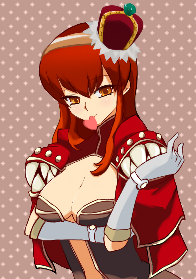 1girl 417k_ito arm_under_breasts blush breasts brown_background brown_dress brown_hairband cape closed_mouth commentary_request creator_(ragnarok_online) crown dress gloves grey_gloves hairband heart large_breasts long_hair looking_at_viewer orange_eyes ragnarok_online red_cape red_crown red_hair smile solo strapless strapless_dress upper_body