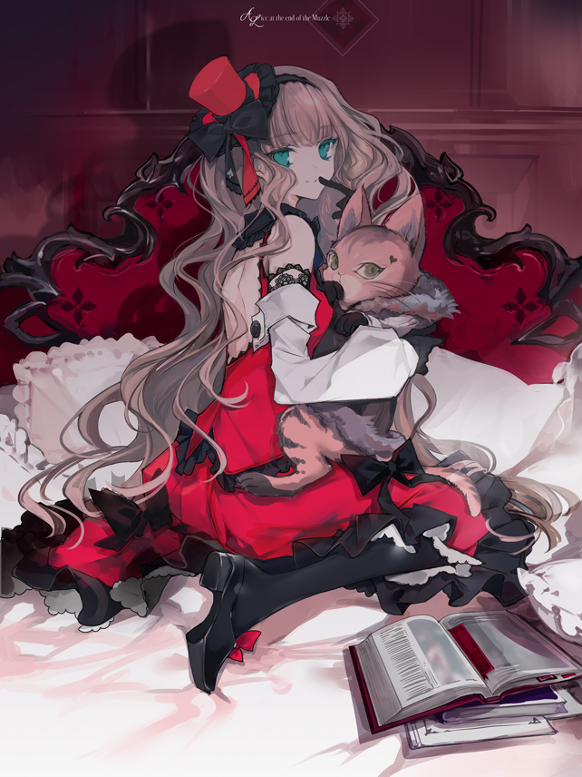 1girl animal animal_hug backless_dress backless_outfit bare_shoulders bed black_footwear black_gloves black_pantyhose black_ribbon book cierra_(ra-bit) commentary_request detached_sleeves dress english_text gloves green_eyes hat indoors long_dress long_hair looking_at_viewer mini_hat open_book original pantyhose pink_hair red_dress ribbon sitting sleeveless sleeveless_dress smile