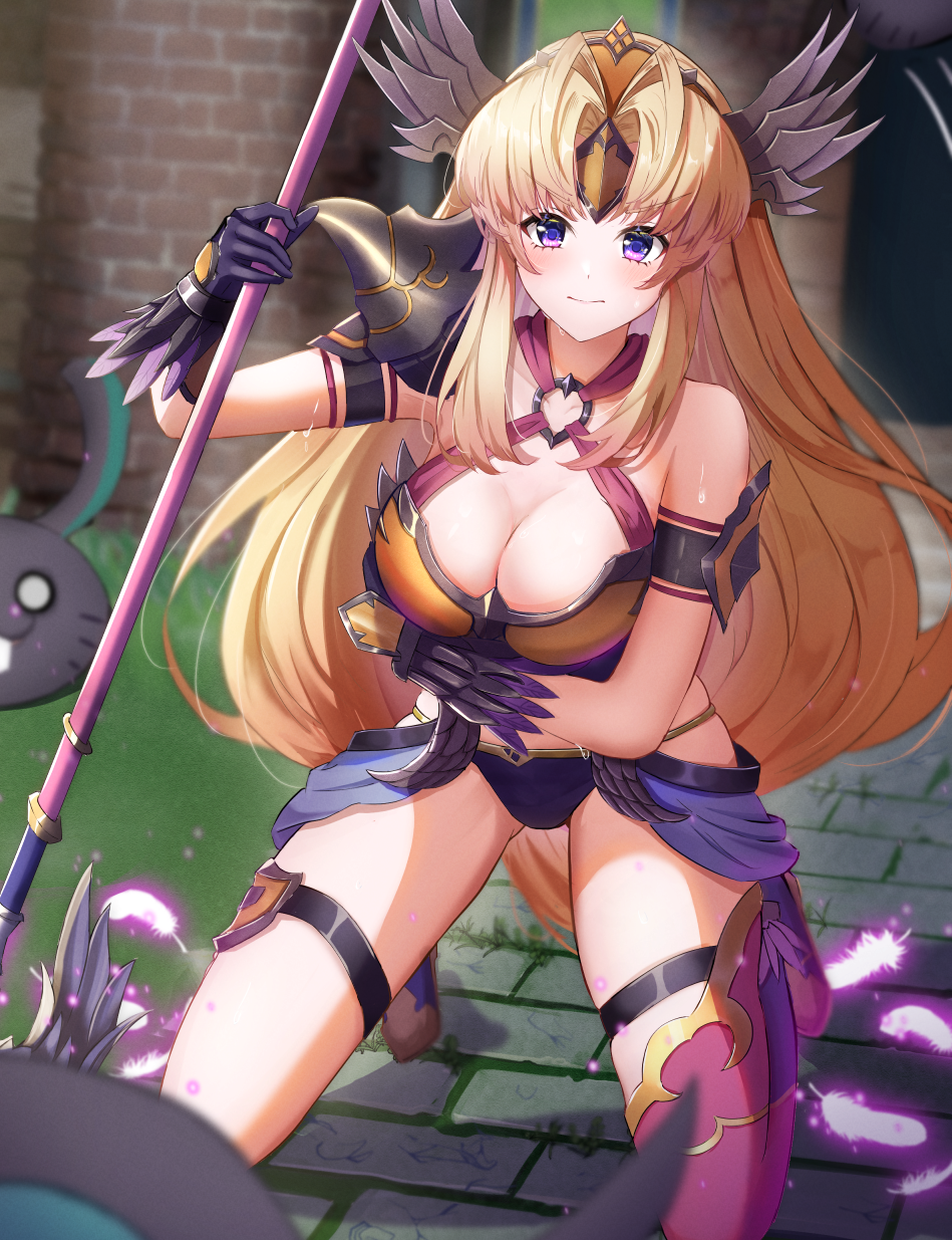 1girl arm_strap armor bikini_armor blonde_hair blue_skirt breasts defeat gao_kawa gloves headgear highres holding holding_polearm holding_weapon hraesvelgr_(seiken_densetsu_3) kneeling long_hair o-ring outdoors polearm purple_eyes riesz seiken_densetsu seiken_densetsu_3 showgirl_skirt single_bare_shoulder skirt spear thigh_strap weapon