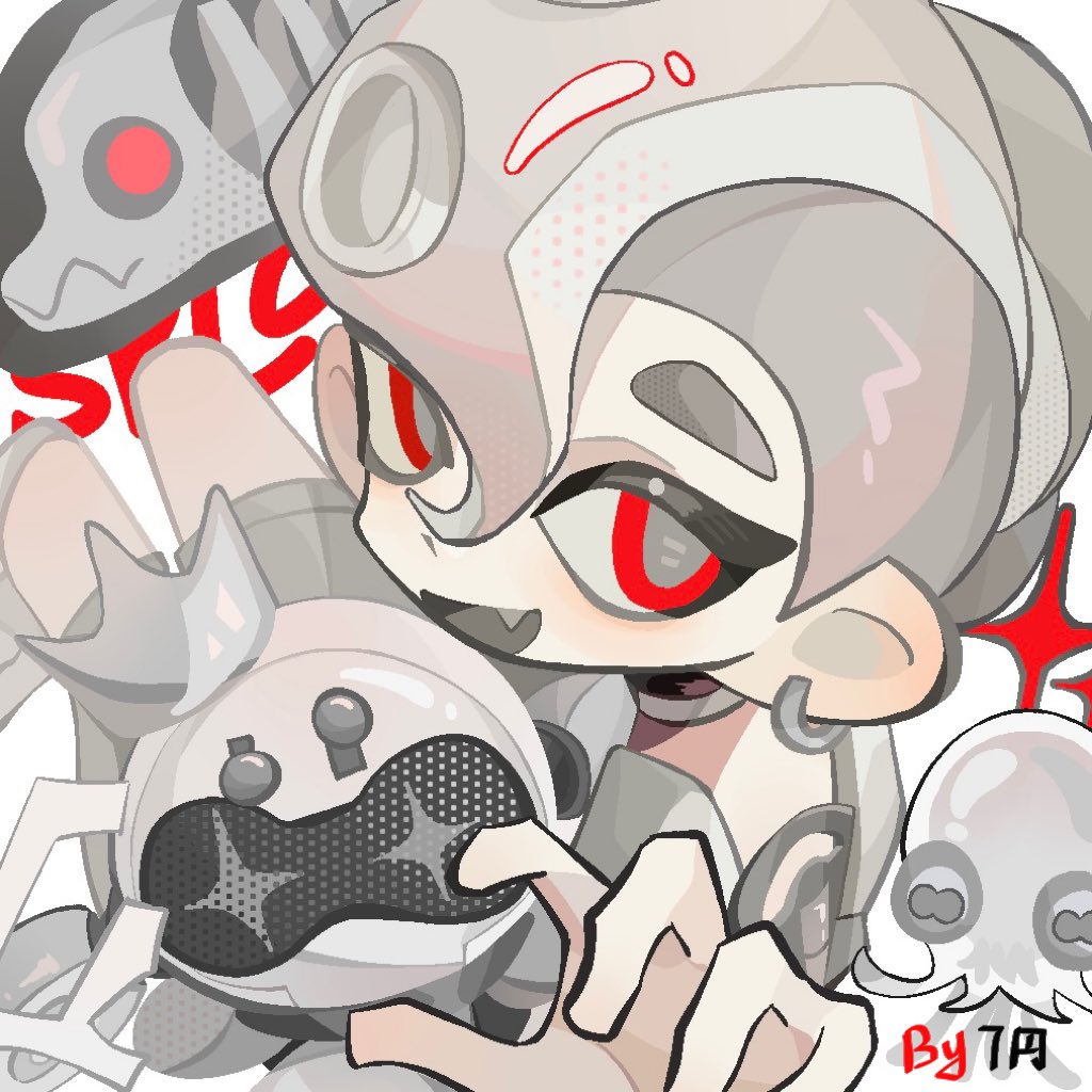 1boy :d agent_8_(splatoon) bodysuit drone earrings fang grey_hair grey_pupils grey_tongue hair_between_eyes jelleton jewelry male_focus marching_andante matoka7 mohawk nintendo octoling octoling_boy octoling_player_character octopus open_mouth pearl_(splatoon) pearl_drone_(splatoon) red_eyes short_hair single_earring smile smollusk_(splatoon) splatoon_(series) splatoon_3 splatoon_3:_side_order suction_cups tentacle_hair white_background white_bodysuit
