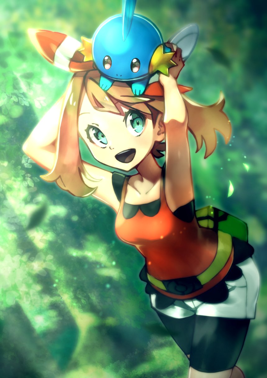 1girl bare_arms bike_shorts brown_hair commentary_request day eyelashes fanny_pack gen_3_pokemon green_eyes highres may_(pokemon) medium_hair mudkip nintendo on_head open_mouth outdoors pokemon pokemon_(creature) pokemon_on_head pokemon_oras red_shirt rindoriko shirt shorts sleeveless sleeveless_shirt smile teeth tongue white_shorts