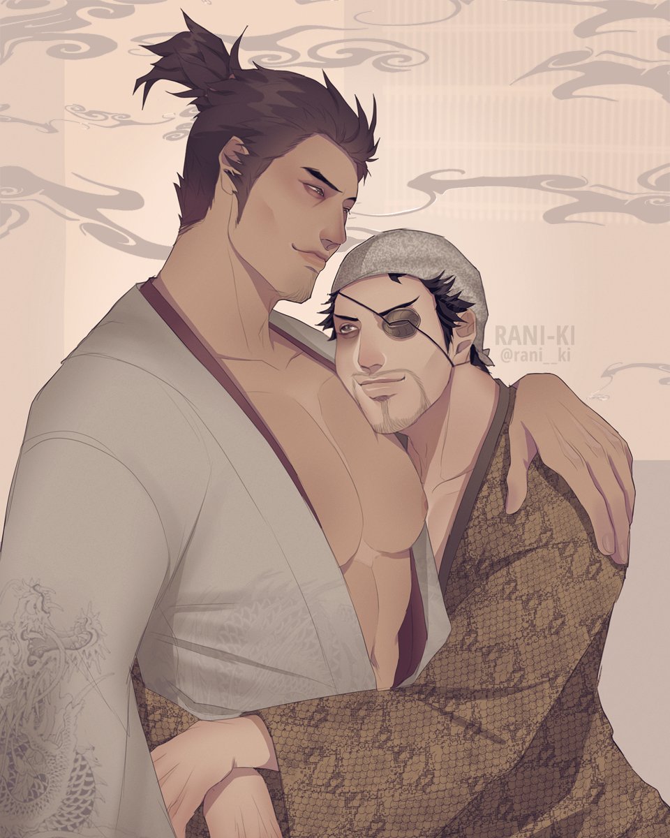 2boys alternate_costume bara bare_pectorals brown_hair eyepatch face_to_pecs facial_hair from_side goatee hand_on_another&#039;s_shoulder high_ponytail highres hug japanese_clothes kimono kiryu_kazuma large_hands large_pectorals long_sideburns looking_at_another looking_at_viewer majima_goro male_focus mature_male multiple_boys nipples nude pectoral_pillow pectorals ponytail rani_ki ryuu_ga_gotoku_(series) short_hair sideburns sideburns_stubble smile stubble thick_eyebrows upper_body yaoi