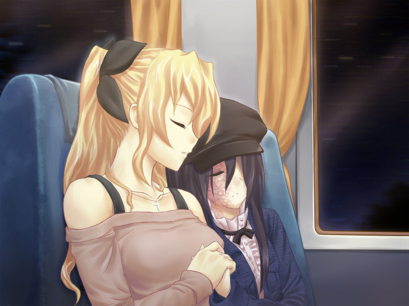 2girls artist_request bare_shoulders black_ribbon blonde_hair blue_jacket blurry burn_scar casual closed_eyes game_cg hair_over_one_eye hair_ribbon ikezawa_hanako jacket katawa_shoujo long_hair long_sleeves multiple_girls night night_sky non-web_source off-shoulder_shirt off_shoulder official_alternate_costume official_art open_clothes open_jacket purple_hair ribbon satou_lilly scar scar_on_face shirt sky sleeping train_interior upper_body white_shirt