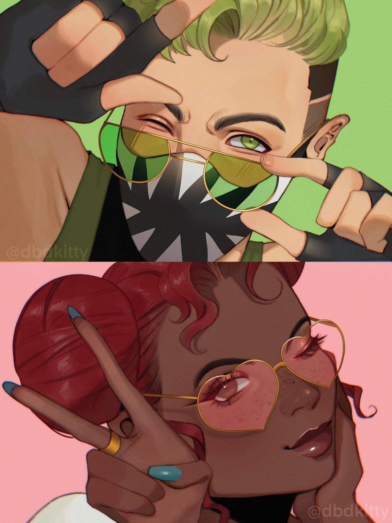 1boy 1girl apex_legends black_gloves braid dark-skinned_female dark_skin fingerless_gloves gloves green_eyes green_hair head_tilt heart heart-shaped_eyewear highres kitty_keihara lifeline_(apex_legends) looking_at_viewer mask mouth_mask octane_(apex_legends) red_hair smile sunglasses twin_braids undercut