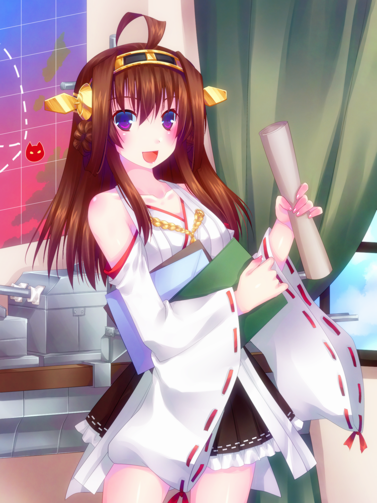 10s 1girl ahoge bad_id bad_pixiv_id brown_hair detached_sleeves door_to_heaven female_focus hairband japanese_clothes kantai_collection kongou_(kancolle) long_hair looking_at_viewer machinery map nontraditional_miko open_mouth purple_eyes ship_turret solo wide_sleeves
